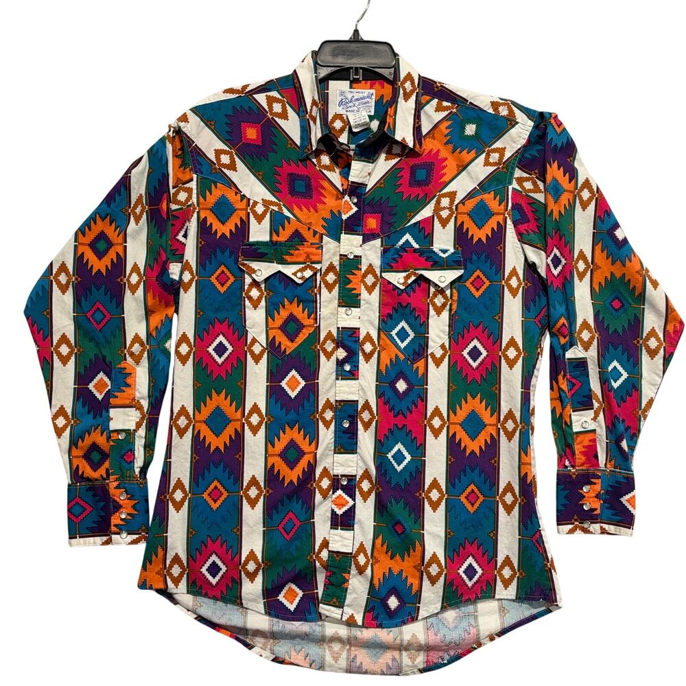 Vintage Rockmount Western Wear Shirt Mens Medium Fits XL Aztec Pearl Snap USA